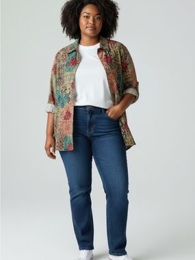 Tanjay Vintage Tapestry Look Button Up Long Sleeve Shirt, Muted Winter Colours
